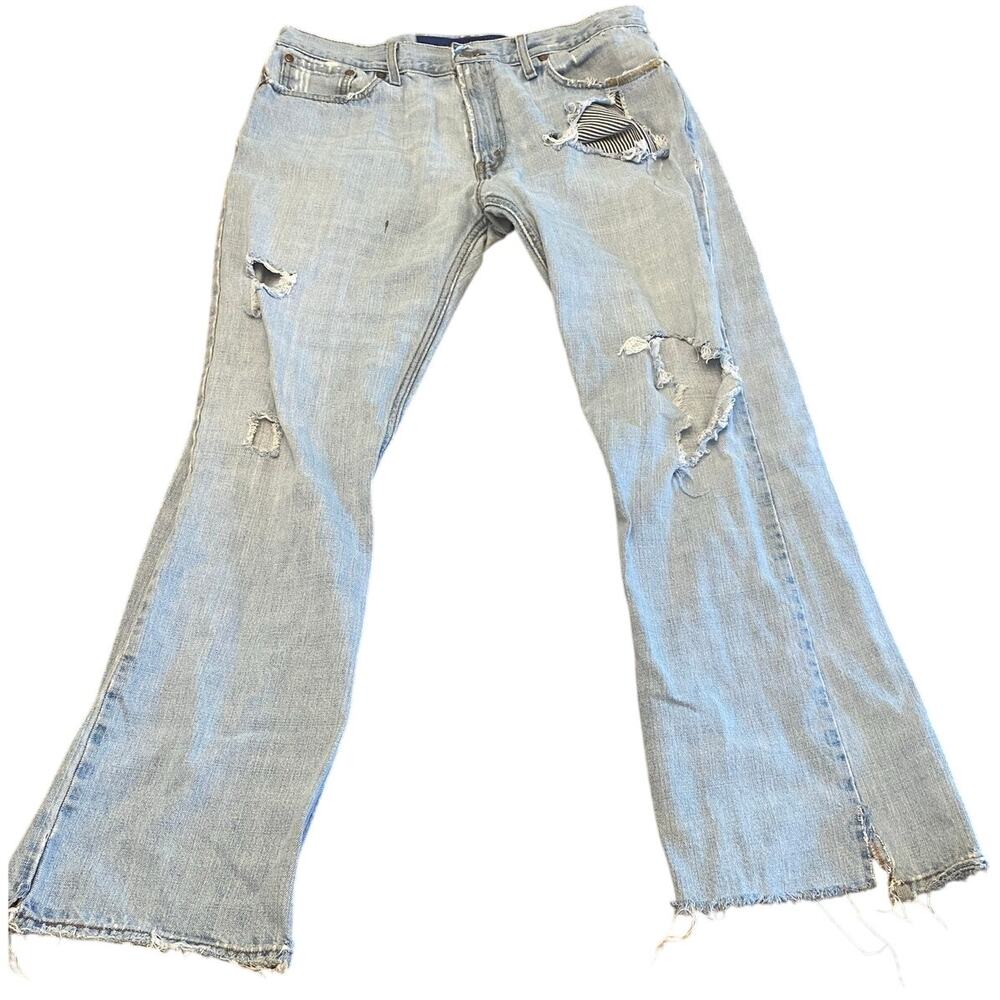 Levi's 527‎ Light Wash Low Bootcut Thrashed Distressed Destroyed Jeans W36 L32